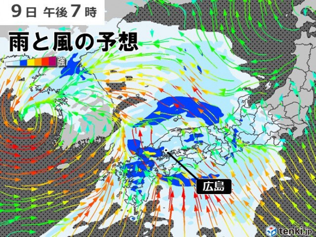 明日9日は中国地方は朝から大荒れ　激しい雨や雷雨も　10日は黄砂に注意