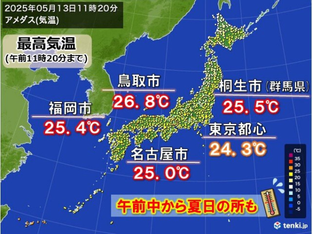 今日13日は午前中から夏日も　週末は暑さレベルアップ　次第に蒸し暑く　暑熱順化を