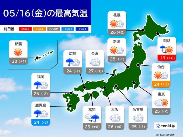 16日　西から天気下り坂　局地的に激しい雨も　北日本でも最高気温25℃以上の夏日