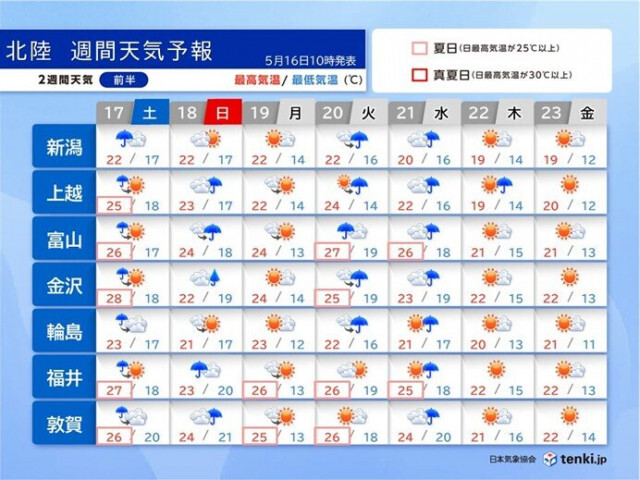 17日は石川県能登で警報級大雨のおそれ　梅雨のはしりのような天気　北陸2週間天気