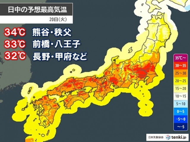明日20日は熊谷で34℃　真夏日地点は今年最多か　「黄砂」で「暑さ」とのWパンチ