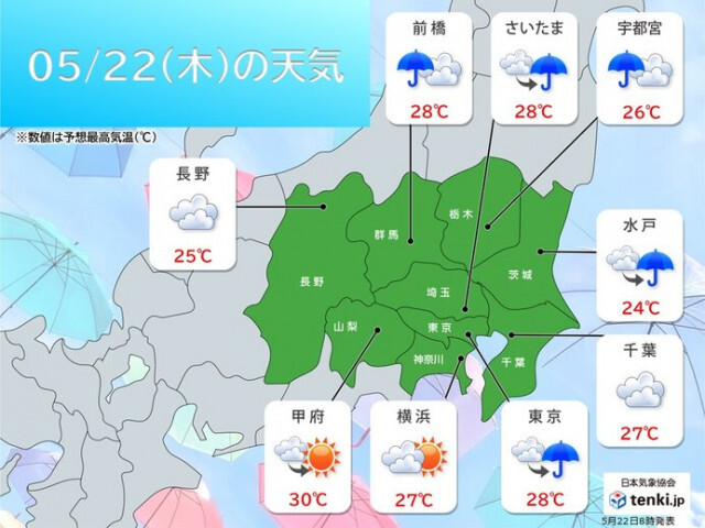 今日22日(木)の関東　蒸し暑さ続く　急な雨や雷雨に注意　夜は北風強まる