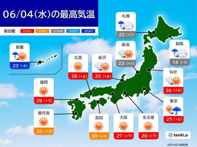 4日　関東〜九州は晴れて夏日続出　30℃以上の真夏日も　ただ関東は天気急変に注意