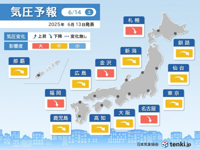 明日14日は全国的に気圧下降　頭痛やめまいに注意　影響度「大」の所も