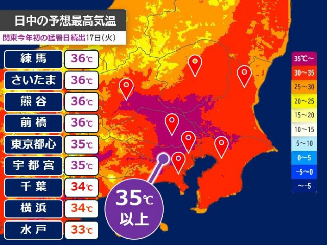 明日17日さらに酷暑で暑さのピーク　関東甲信で猛暑日続出　40℃迫る危険な暑さも