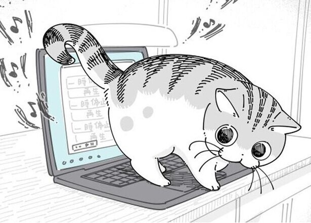 【ネコ漫画】パソコンの上に猫が何度も乗ってくる!?猫の体をツンツンしてどいてもらおうと楽しむ飼い主