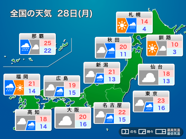 明日4月28日(月)の天気予報　低気圧と前線が接近　広範囲で雨の週明けに