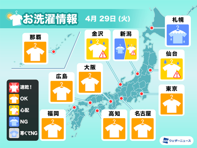 4月29日(火)の洗濯天気予報　西日本や東海は天気回復し外干しOK