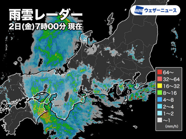 近畿周辺では朝は強雨に注意　東海は昼、関東では夕方が雨のピークに
