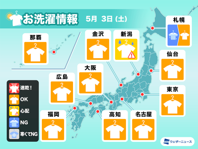 5月3日(土)の洗濯天気予報　広い範囲で絶好の外干し日和！