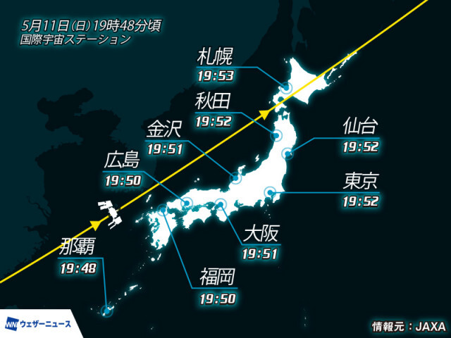 国際宇宙ステーション(ISS)/きぼう　今夜、日本上空を通過