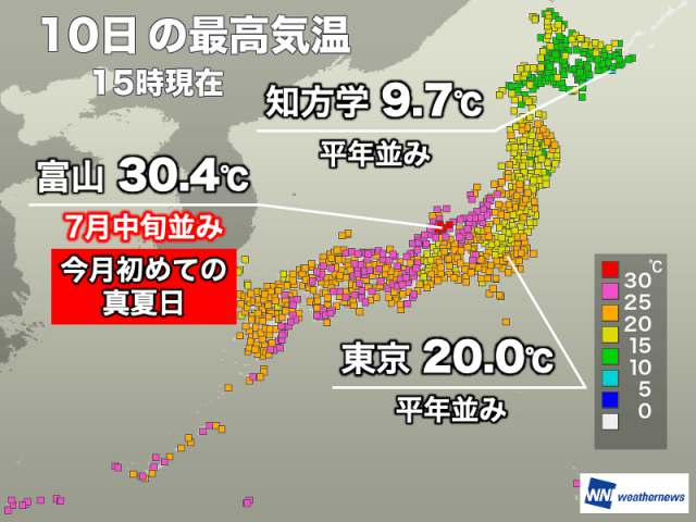 フェーン現象の富山で30℃以上の真夏日に　明日は関東で気温上昇