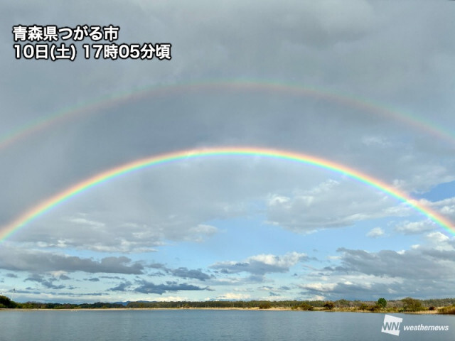 東北の夕空に二重の虹　夜にかけて雨降りやすく油断禁物