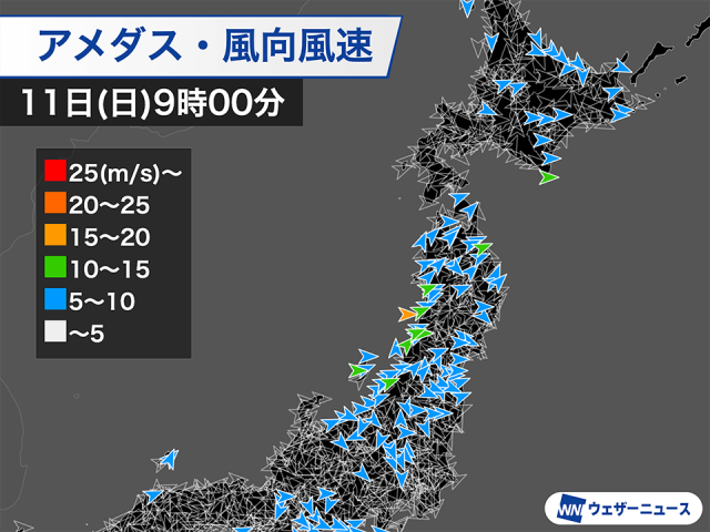東北や北陸で強風のピーク　秋田・山形に暴風警報