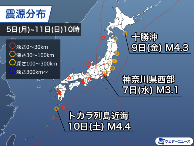 週刊地震情報 2025.5.11　5月はまだ震度3以上なし　この1週間は海外も比較的静穏