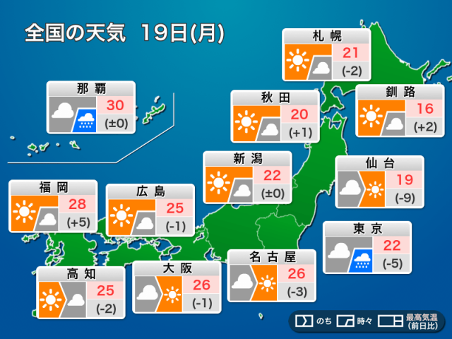 今日5月19日(月)の天気予報　関東は雨の可能性　奄美は強雨に注意