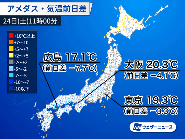 西日本は昨日より気温低め　雨が降り涼しい土曜日に