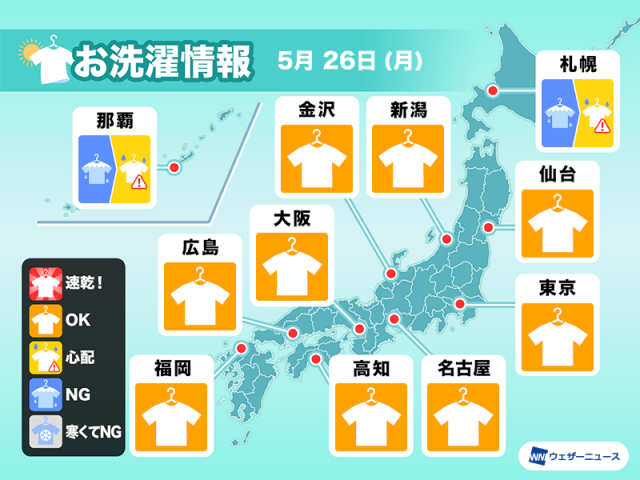 5月26日(月)の洗濯天気予報　雲が広がっても広範囲で外干しOK