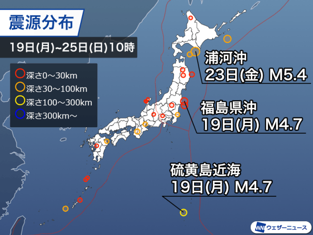 週刊地震情報 2025.5.25　北海道浦河沖の地震で震度4　M6超が多い領域