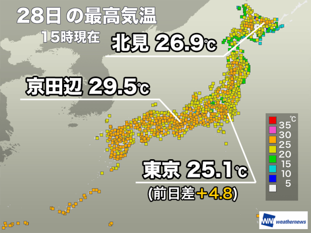 日差し戻った東京都心で6日ぶりの夏日　明日は天気崩れ気温が低下