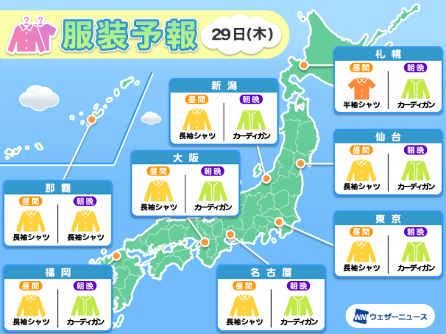 5月29日(木)　各地の気温変化と最適な服装