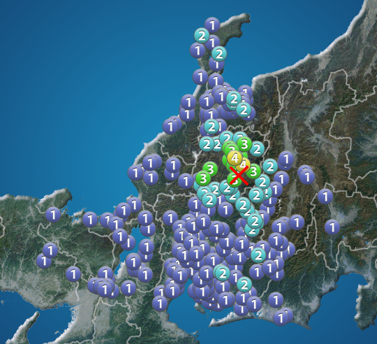 岐阜県飛騨地方でM4.5の地震　高山市で震度4　津波の心配なし