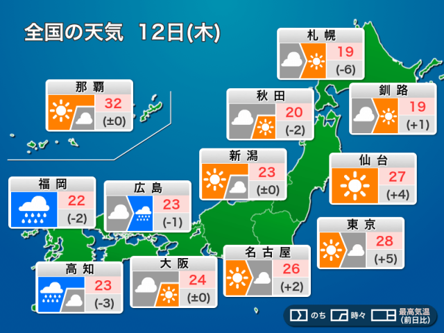 今日6月12日(木)の天気予報　関東は晴れ間も　西日本は梅雨空で一時的に強雨