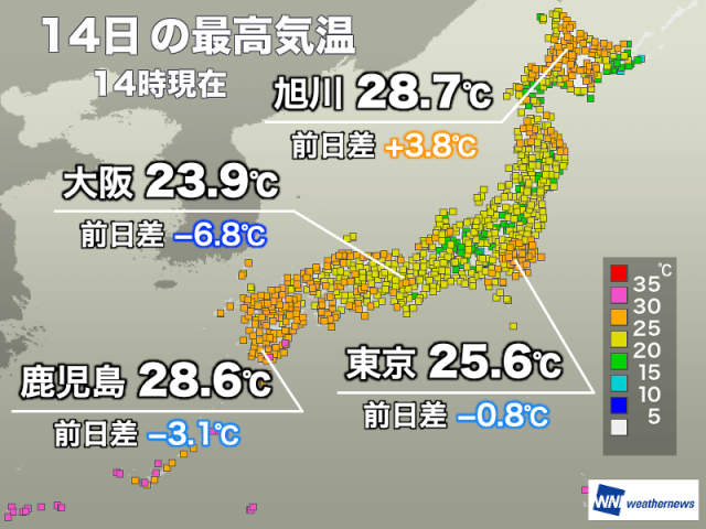 雨で高温は和らぐも不快な蒸し暑さ　北海道では真夏並みの気温に