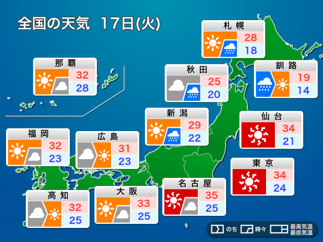 明日6月17日(火)の天気予報　雨は段々と止む　猛暑レベルの厳しい暑さに