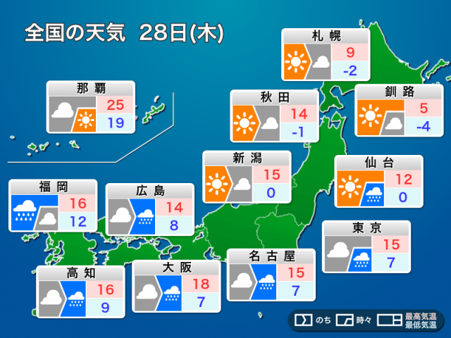 明日3月28日(木)の天気予報 次第に雨の範囲が広がる　西日本は雨が強まる所も