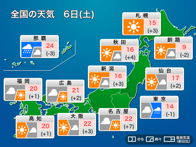 今日6日(土)の天気予報　日本海側は晴れてお花見日和　太平洋側は雨の所も