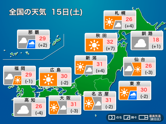 今日15日(土)の天気予報　西日本太平洋側で雨　東日本は晴れて暑い