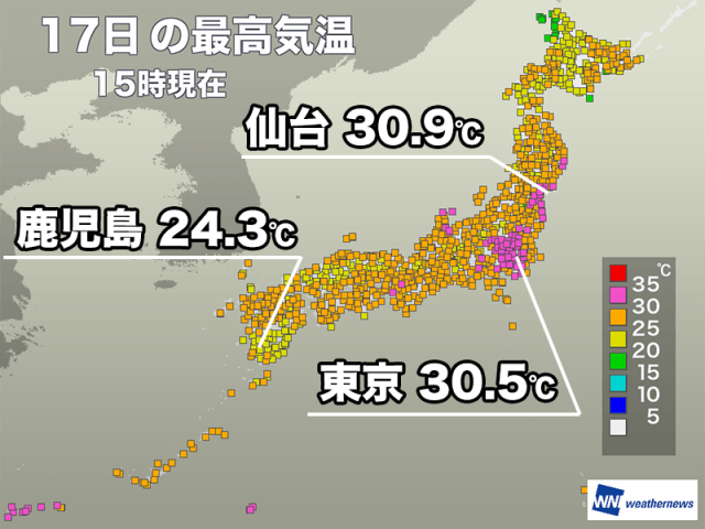 関東や東北太平洋側で真夏日に　明日は雨で気温上がらない