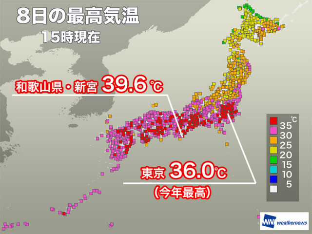 西・東日本太平洋側を中心に猛暑　和歌山県新宮で39.6 ℃