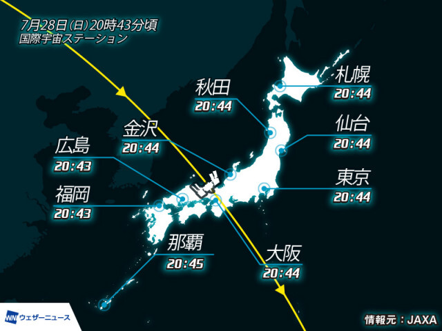 国際宇宙ステーション(ISS)/きぼう　今夜、日本上空を通過