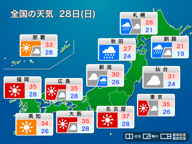 明日28日(日)の天気予報　関東以西は危険な暑さ　山形や秋田は大雨警戒