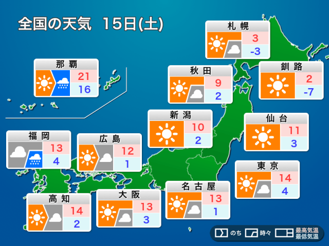 明日2月15日(土)の天気予報　北陸や北日本日本海側で貴重な晴れ間　関東から近畿は穏やか