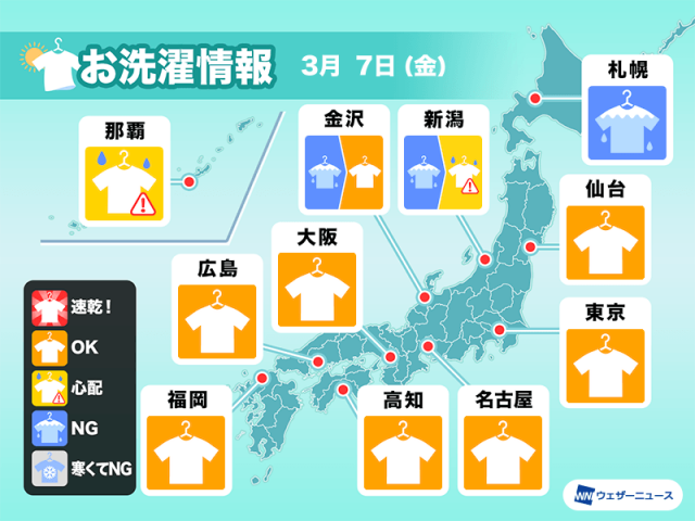 3月7日(金)の洗濯天気予報　関東以西は外干しOKでも花粉に注意