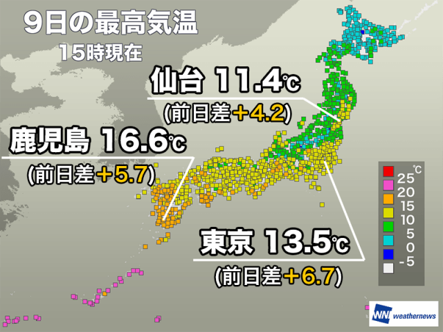 全国的に昨日よりも気温上昇　明日も日差し暖かな一日に