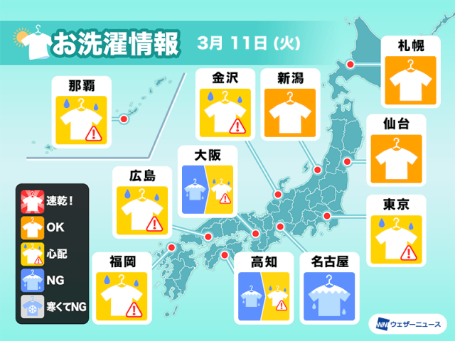 3月11日(火)の洗濯天気予報　関東も夕方から雨の可能性あり