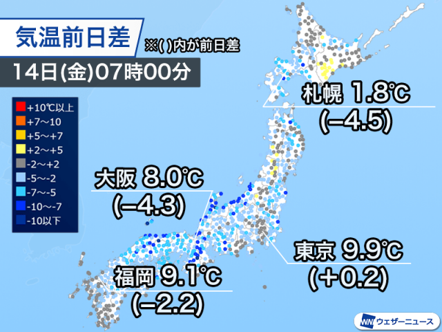 放射冷却現象で昨日よりも寒い朝　昼間は春の陽気に