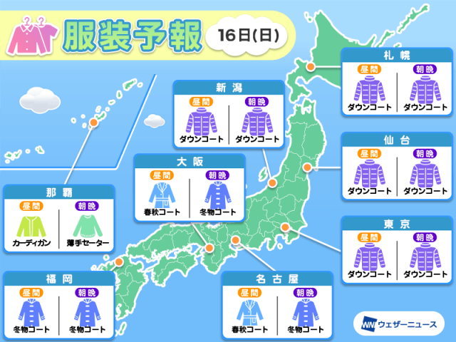 3月16日(日)　各地の気温変化と最適な服装