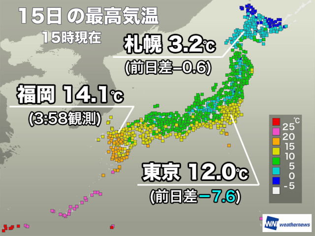 九州や中国などは昼に気温低下　明日は関東なども寒い一日に