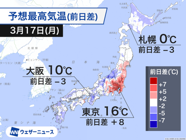 東京など関東は昨日より大幅に気温上昇　その他の各地は冬の寒さ続く