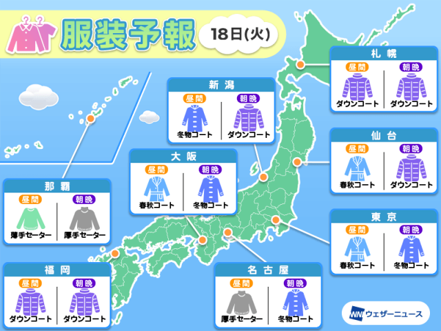 3月18日(火)　各地の気温変化と最適な服装