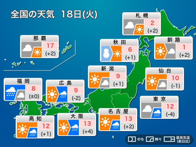 今日18日(火)の天気予報　西日本は強雨や雷に注意　関東は寒さ戻る