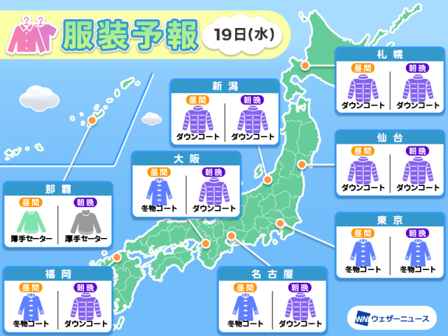 3月19日(水)　各地の気温変化と最適な服装