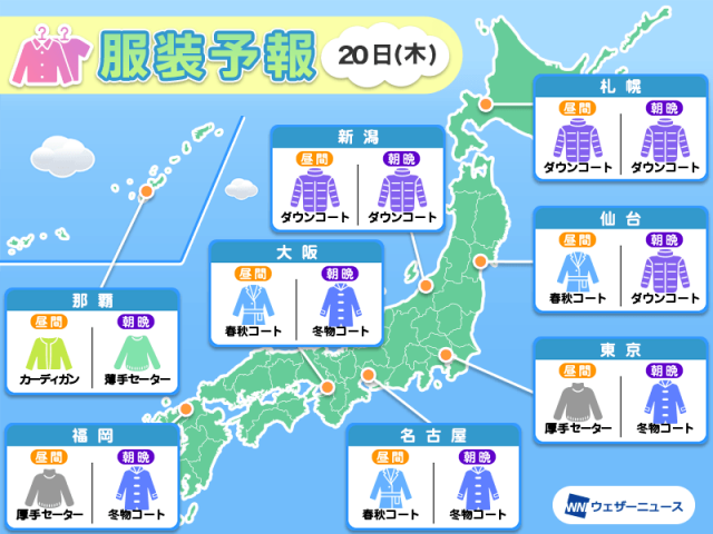 3月20日(木)　各地の気温変化と最適な服装