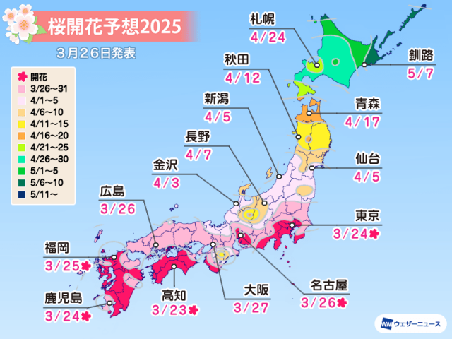 桜開花予想2025　西日本や東日本は続々と桜開花　東京は今週末に満開へ