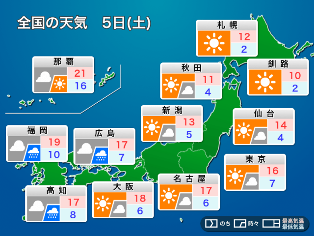 明日4月5日(土)の天気予報 関東はお花見日和　西日本は天気が崩れ一時的に雨